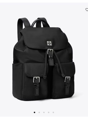 Tory Burch Black Nylon Drawstring Backpack with Buckle Pockets